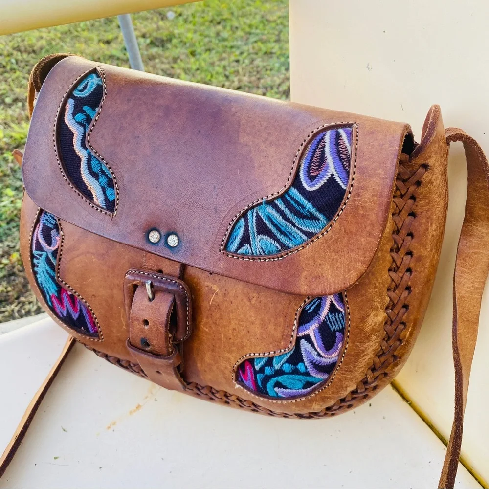 Tooled leather flap top brown crossbody bag handmade bohemian hippie